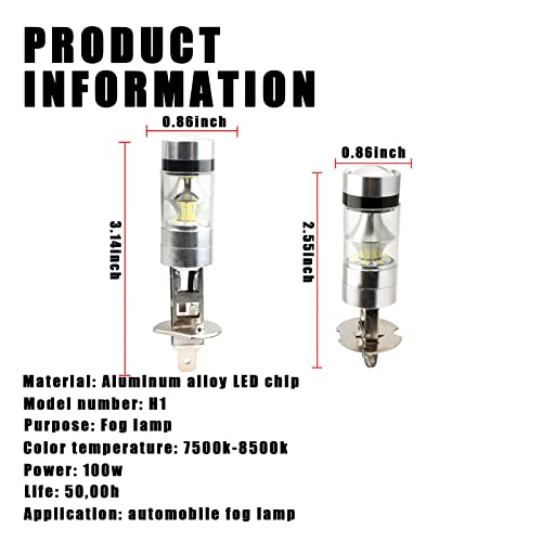 Cueclue Pack-2 H1 Led Car Fog Light Bulb, 12V 100W High And Low Beam, 7500K 360° Beams Car Headlight For Most Cars Suvs Trucks (White) #TOP1