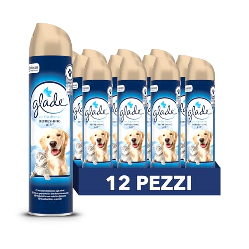 Glade Deodorante per Ambienti Spray, Fragranza Refreshing Air, Combatte gli odori degli animali domestici, 12 Spray da 300ml