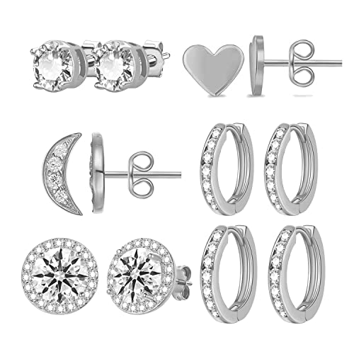 Roslynd Stud Earrings For Women Men, White Gold Plated Tiny Cz Moon And Round Halo Stud Earrings Set, Small Cubic Zirconia Stud Earrings, Simulated Diamonique Earring Stud Set For Women Men(6 Pairs) #TOP12