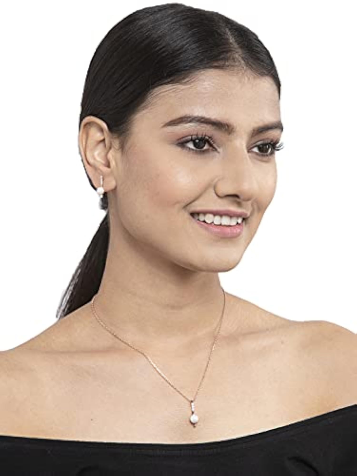 Women's 925 Silver Pearl Rose Pendant Earring Chain Jewellery Set