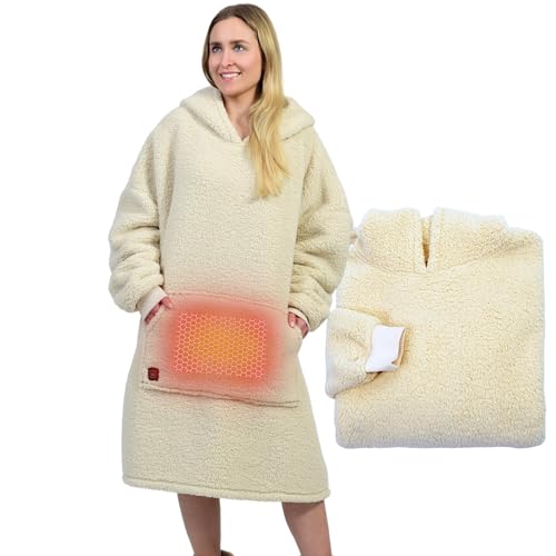NorthHeat Beheizter Kuschel Hoodie | flauschige Ärmel Decke beheizbar | für Freundin oder Mama | Kuschelpullover & Deckenpullover (Polyester-Mischung Braun beheizt)