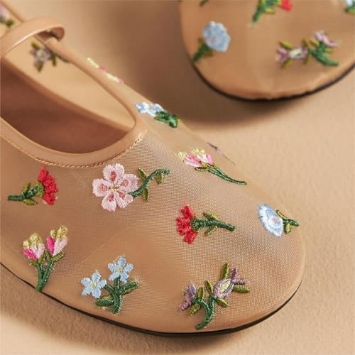 Women's Embroidered Mesh Ballerinas Shoes Round Toe White Pearl Ballet Flats with Buckle Strap Summer Fashion Flat3