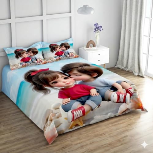 Image of 7D Digital Print King Size Bedsheet (90x100 Inches) | Extra Soft & Heavy Fabric | Rich Colors | 2 Jumbo Pillow Covers 17x27 inches Included (Kids Kiss)