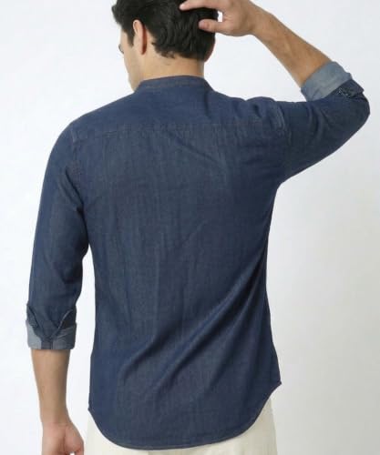 Image of Amazon Brand - INKAST Men Washed Cotton Twill Denim Casual Button Down Shirt | Mandarin Collar | Full Sleeves | Regular Fit | Stylish Summer - Everyday Wear