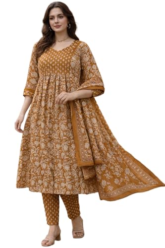 Image of GoSriKi Kurta Set for Women Viscose Blend Printed | Kurti Set with Dupatta for Woman | A-Line Kurta Pant Set Women | 3 Piece Set Womens | Round Neck V-Slit Sleeveless Regular Fit Stylish Ethnic