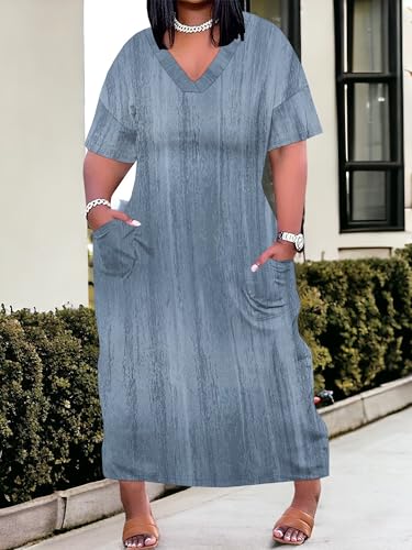 Image of PinkPatty Women's Plus Size Short Sleeve Maxi Dress Casual Loose V Neck Long Dress with Pockets