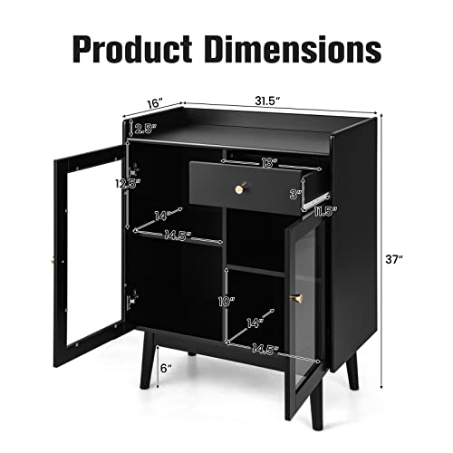 Loko Black Buffet Cabinet With Storage, Kitchen Sideboard With 2 Tempered Glass Doors & Pull-Out Drawer, Multifunctional Storage Cabinet Coffee Station With Solid Wood Legs For Living Room #TOP2