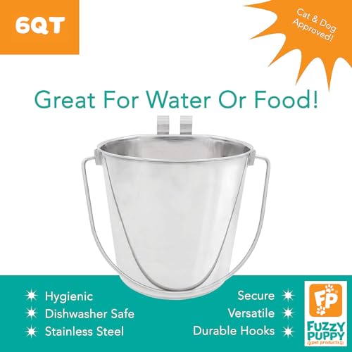 Fuzzy Puppy Pet Products Flat Sided Pail with Dual Hooks, Snugly Fit On Dog, Cat and Critter Crates & Cages, Heavy Duty Stainless Steel | 6 Quart (PN: FSP-6) by Fuzzy Puppy Pet Products - Used condition - Image 3