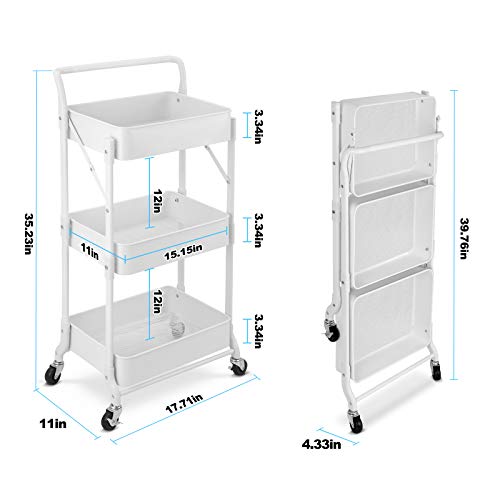 johgee Foldable 3 Tier Metal Utility Rolling Cart, Folding Mobile Multi-Function Storage Trolley Organizer Cart for Home Library Office(White) - Thumbnail 5