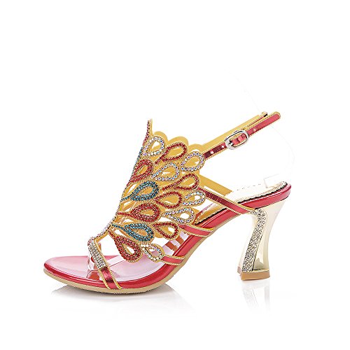 Unicrystal Women's Rhinestone Peacock Patterned Handmade Sandals With Chunky Heel Red 10.5 M Us #TOP2