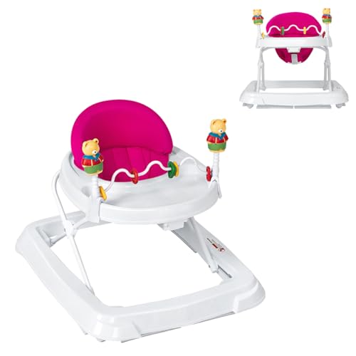 CHEFJOY CHEFJOY Baby Walker with Wheels, Foldable Push Walker with Walking Toys & 3-Levels Adjustable Height, Comfy High Back Seated Baby Activity Walker for Boys & Girls (Pink)