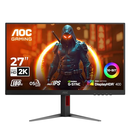 AOC Q27G4F 27'' QHD Gaming Monitor, 2560x1440 IPS Panel, 180Hz Refresh Rate, 0.5ms Response, G-Sync, HDR10, Super Color Mode, Dual HDMI 2.0 Ports, Height Adjustable Stand, 300nits Brightness