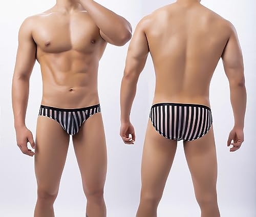 Swbreety Men's Striped Bikini Briefs Bulge Pouch Underwear Low Waist Mesh Triangle Briefs3