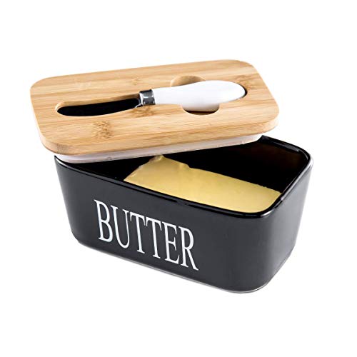 PRANT Ceramic Butter Dish with Bamboo Lid & Built-in Stainless Steel Butter Knife | Airtight Butter Box for Kitchen Counter & Fridge | Large Capacity Butter Container (Black)