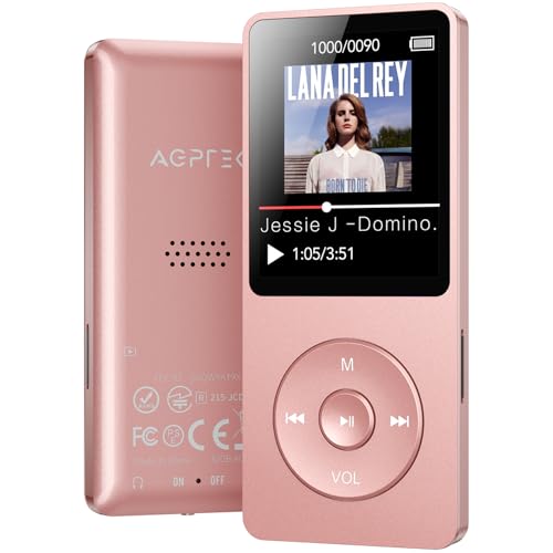 AGPTEK 32GB Reproductor de MP3, Bluetooth 5.3 MP3 Reproductor, Reproductor Deportivo Portátil, 1.8 Pantalla de 70H de Reproducción, Radio FM, Externo hasta 128GB(Sin Auriculares), Rosa