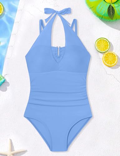 Image of Girls Swimsuits Size 10-12 Halter Neck One Piece Swimsuits Ruched Solid Bathing Suit for Girls 10-12 with Adjustable Straps Beach Swimwear Sky Blue