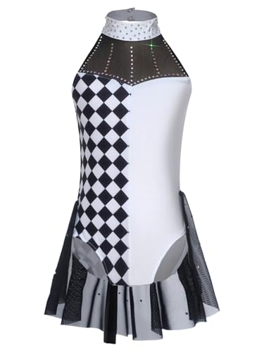 Miutii Girls Kids Horror Clown Jumpsuit Sparkly Checkered Leotard Skirt Carnival Circus Fancy Dress White 13-14 Years