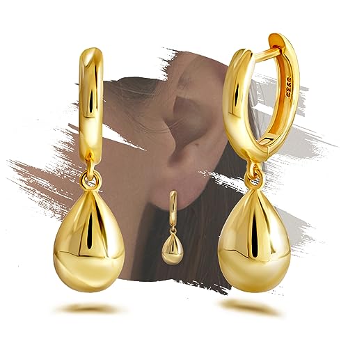 ELEDUCTMON Teardrop Gold Dangle Earring, Sterling Silver, Hypoallergenic, Lightweight, Minimalist Fashion Hoop Earrings, Trendy Gifts for Her, Valentine's Day, Christmas, Birthday