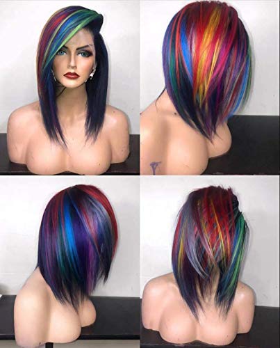 Lace Front Colorful Rainbow Wigs, Straight Fiber Synthetic Short Colored Wigs Neon Fun Costume Cosplay Hair Wigs For Women Kids Girls Party -11 In… #TOP3