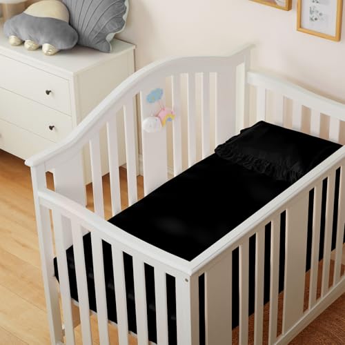 Image of Entisn 28x52 Satin Fitted Crib Sheet 2 Pack, Black | 8-Inch Deep Pocket Snug Fit, Silky Satin Protects Hair And Skin, No-Slip Reinforced Edges, Machine Washable Fade-Resistant