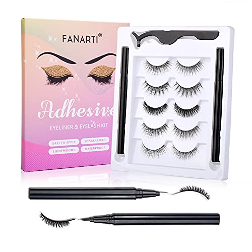 FanArti False Eyelashes and Glue Pen Kit,5 Pairs Fake Eyelash & 2 in1 Design Lash Eyeliner (Black+Clear), Easy to Apply and Comfortable,Tweezer Included,All Day Wear