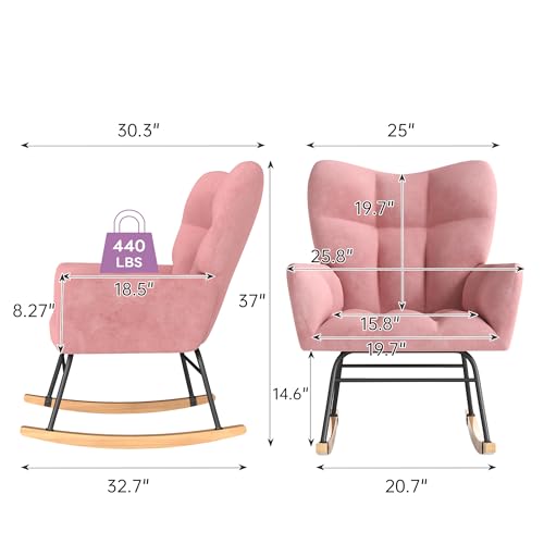 Murago Rocking Chair Nursery, Nursery Rocking Chairs, Baby Rocker, Glider Rocker, Safety Anti Tip Design, 440 Lb. Capacity, Cotton Fabric Cover, Pink