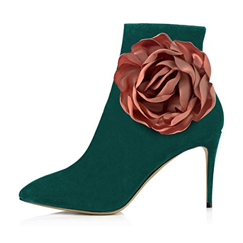 FSJ Women Fashion Flower Ankle Boots Pointed Closed Toe Stilettos High Heels Short Booties Faux Suede Side Zipper Ladies Party Wedding Fall Winter Dress Shoes Size 4-15 US3