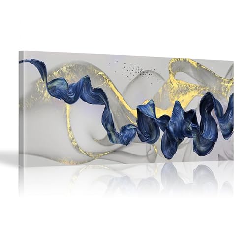 Tableau moderne pour grand mur de salon, peinture toile dorée et ruban bleu chic 80x160