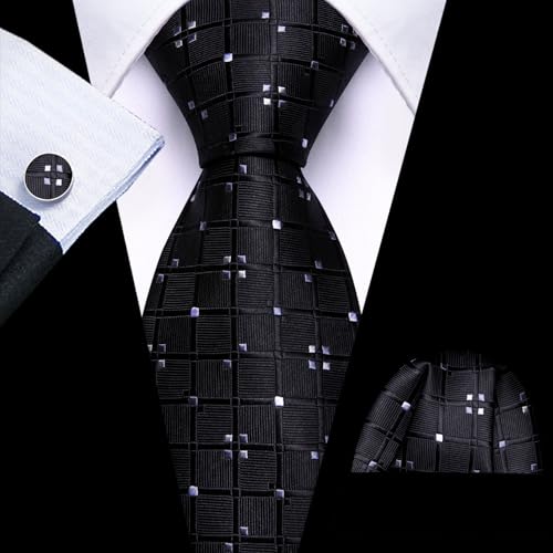 Image of Barry.Wang Mens Tie Set Plaid Check Neckties Formal Business Wedding Luxury Pocket Square Cufflinks