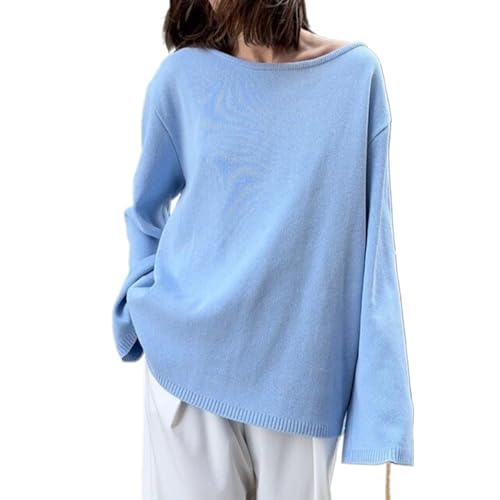 Low Back Loose Knit Long Sleeve Sweater Scoop Draped Backline Side Curve Hem Pullover Minimalist Knitwear