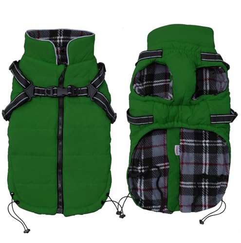 Pethiy Winter Warm Coat Waterproof Dog Winter Jacket with harness traction belt,Pet outdoor jacket Dog autumn and winter clothes For Medium, small Dog-Green-XS