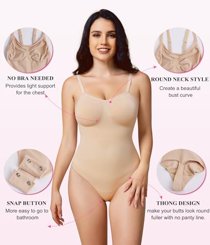 BRABIC Low Back Waist Trainer Bodysuit for Women Tummy Control Shapewear Seamless Body Shaper Round Neck Jumpsuits Top (Beige, XX-Large)