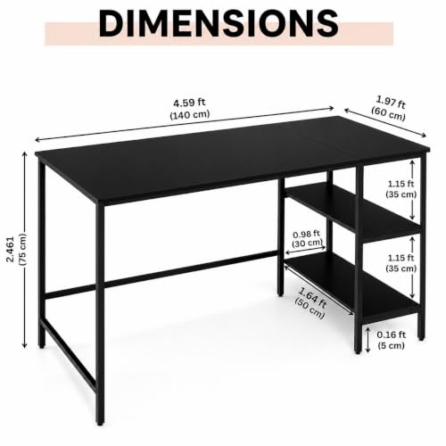 Image of 140 cm Computer Desk for Home Office | Study Writing Table with Multi-Storage Shelves | Study Table for Home | Gaming Setup | Wooden PC Table|Space-Saving Setup | Black| 140x60x75 cm