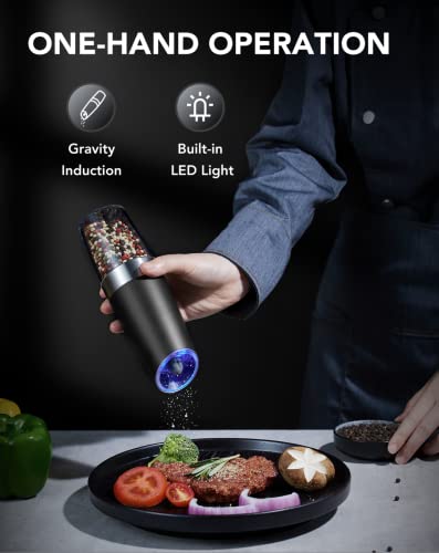 Forlim Gravity Electric Salt And Pepper Grinder Set, Battery Powered Automatic Pepper Mill, Adjustable Coarseness, Transparent Container, Led Light Perfect For Kitchen, Restaurants, Outdoor - 2 Mills #TOP1