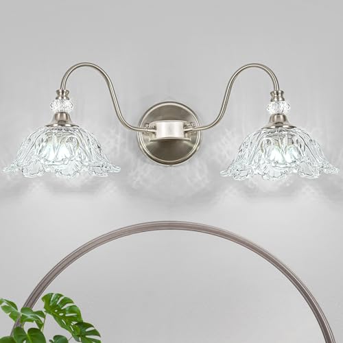 Image of Brushed Nickel Bathroom Vanity Light, 2-Light Vanity Light with Floral Clear Glass Shades, Nickel Wall Mount Lighting for Bathroom, Dressing Table