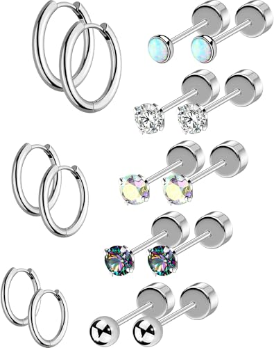 OUFER 16PCS Flat Back Earrings for Women, Hypoallergenic Surgical Steel 20G Stud Hoop Earrings, Forward Helix Conch Tragus Cartilage Piercing Jewelry-8/10/12MM