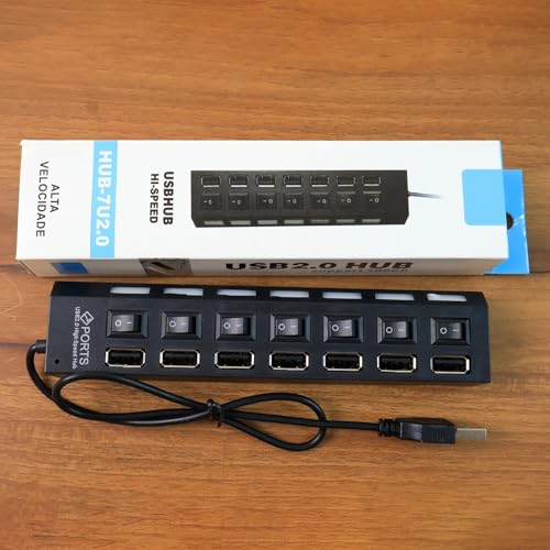 Image of BETSU 7-Port USB 2.0 Hub with Individual Power Switches and LED Indicators, USB Splitter for Laptop, PC, Keyboard, Mouse, Mobile HDD and Flash Drive (Black)