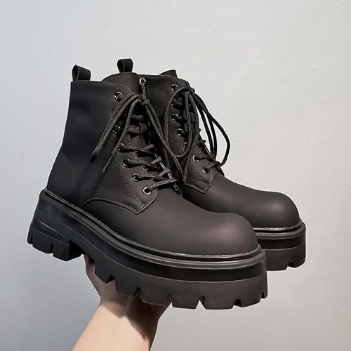 Men's Black Leather Platform Lace-Up Ankle Boots Fashion Round Toe Side Zipper High Top Boots Comfort Non Slip Streetwear Booties4