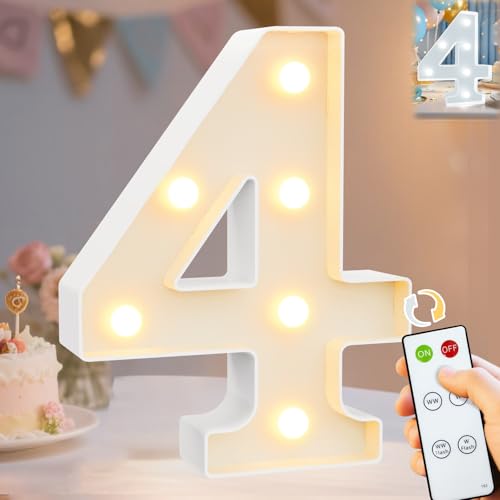 Image of Pooqla LED Light Up Numbers, Marquee Number with Remote for 4th Birthday Decoration, Lighted Numbers Gift for Boys Girls Party Backdrop Wedding Anniversary Decor, Warm White and Cool White Number 4