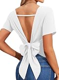 LilyCoco Women's Sexy Open Back Top Short Sleeve Crew Neck Tie Back Shirt White X-Large