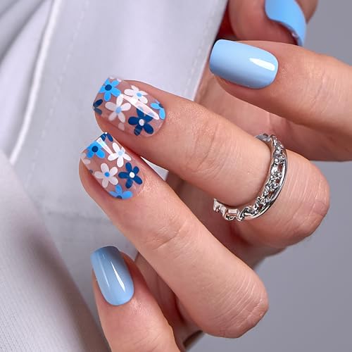 CurvLife Short Square Floral Press On Nails, Azure Bloom Blue, Soft Gel