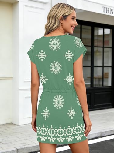 Image of SAUKOLE Women Summer T Shirt Dress Casual Short Sleeve V Neck Dress with Pockets Drawstring Waist Short Dresses