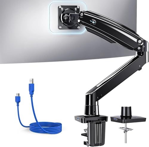 Image of HUANUO Single Monitor Arm for 13-35 inch Screens,Ultrawide Computer Monitor Mount Holds 26.4lbs,Upgraded Adjustable Monitor Stand with USB,C-Clamp&Grommet Base,VESA 75x75 /100x100mm(Black)