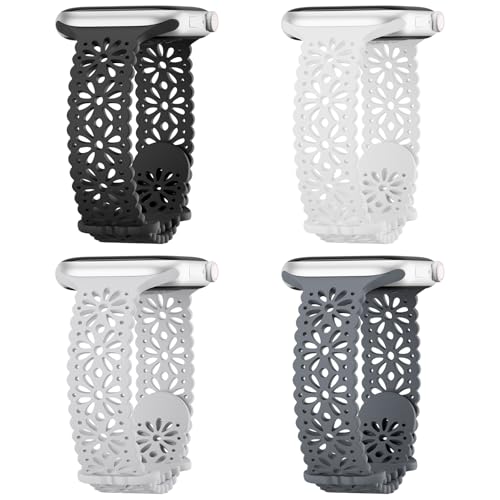 Image of 4 Pack Slim Lace Silicone Bands Compatible for Apple Watch 38mm 40mm 41mm 42mm 44mm 45mm 46mm 49mm, Thin Hollow-out Floral Breathable Strap for iWatch Series 11 /10 /9 /8 /7 /6 /5 /4 /3 /2 /1Ultra SE Women Men