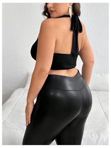 OYOANGLE Women's Plus Size Metal Ring Linked Plunge Neck Halter Crop Top Open Back Ruched Party Tops2