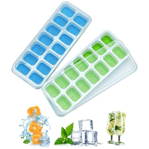 Image of Ice Cube Trays with Lids for Freezer, 33 Sphere Ice Cube Tray with Easy Release for Iced Coffee or Ice Drinks, Ice Tray (Blue + Green (Popup), 8 Inch + 2 Pack)