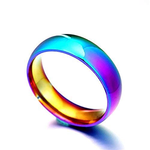 Finemall Rainbow Rings Classic 6MM Hematite Titanium Steel Rainbow Colorful Rings Engagement Wedding Band Jewelry Size 6-11 (US Code 6)