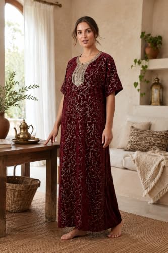 Image of Pure Cotton Hand Embroidery Nighty for Woman | Floral Gown for Women Nightwear Nighty for Women Stylish Maxi for Women Cotton - Free Size Maroon
