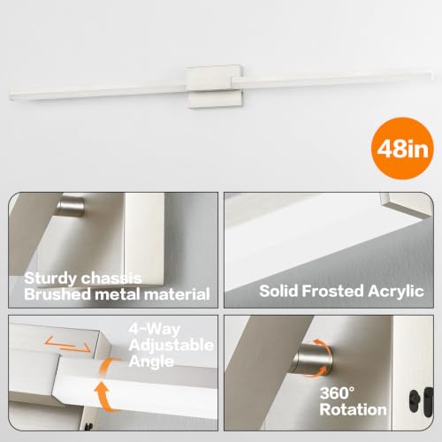 Image of SOLFART Vanity Lighting Fixtures 48-Inch: Brushed Nickel Dimmable Bathroom Light Fixtures Over Mirror, Built-in Dimmer, Thickened Aluminum Body, 360 Degree Rotation, ETL IP44