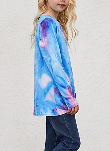 Dokotoo Girls Cute Tie Dye Crewneck Sweatshirts Fall Long Sleeve Knot Front Sweatshirt Casual Loose Pullover Shirts Tops Sky Blue Size 8-9 #TOP2